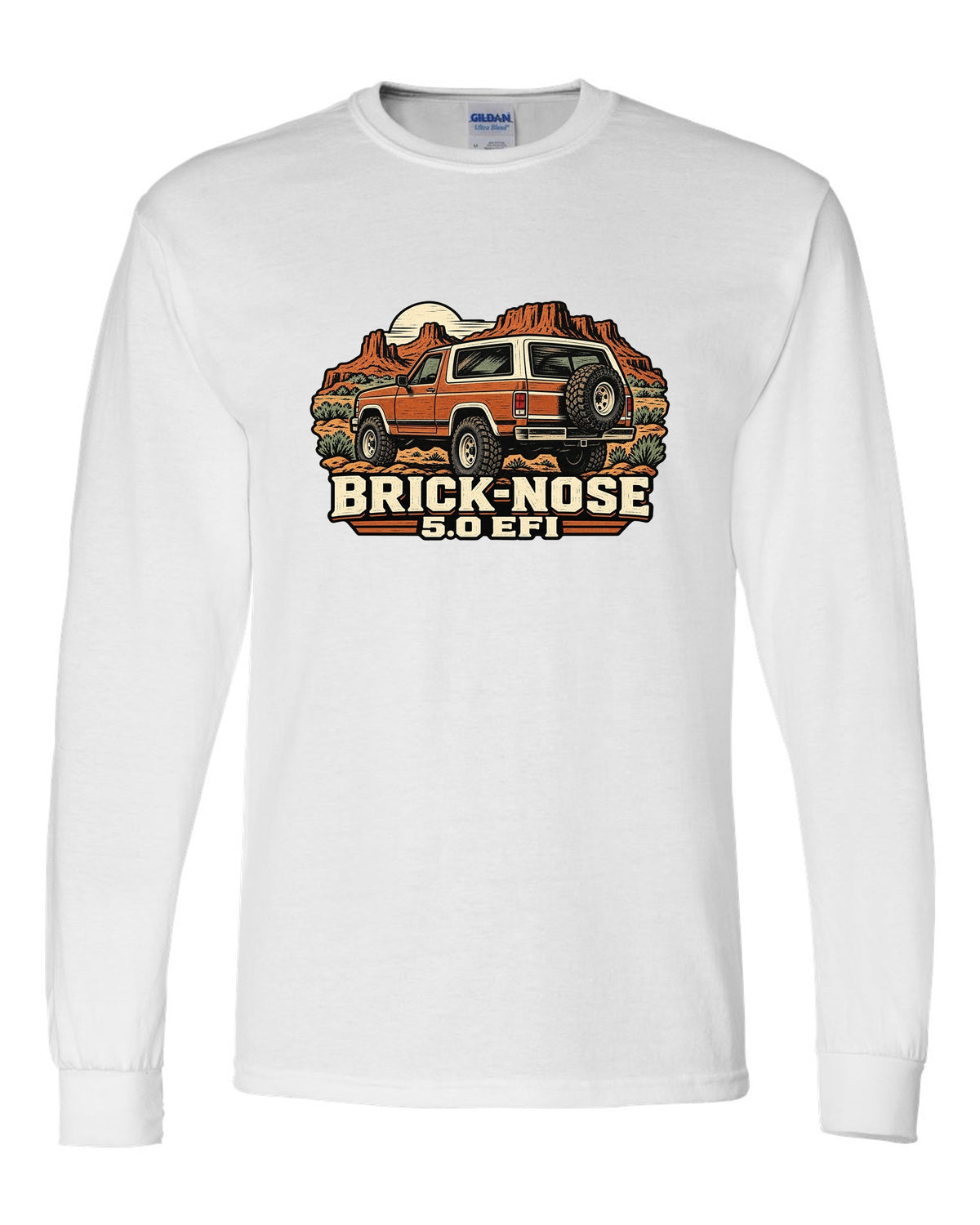 Ford Bronco Brick-Nose 1987-1991 rear in a linocut woodcut print white long sleeve front view with the design