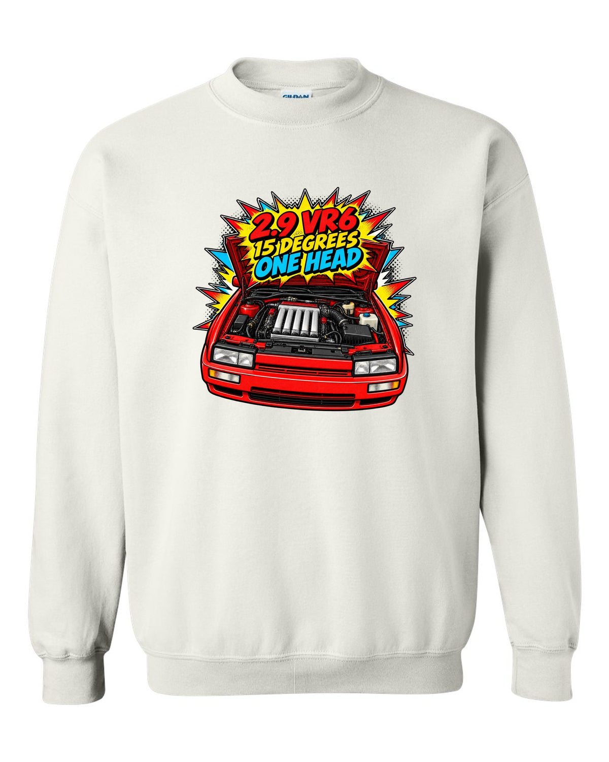 Comic halftone pop-art VW Corrado VR6 with 2.9 VR6 15 degrees one head text white crewneck front view with the design