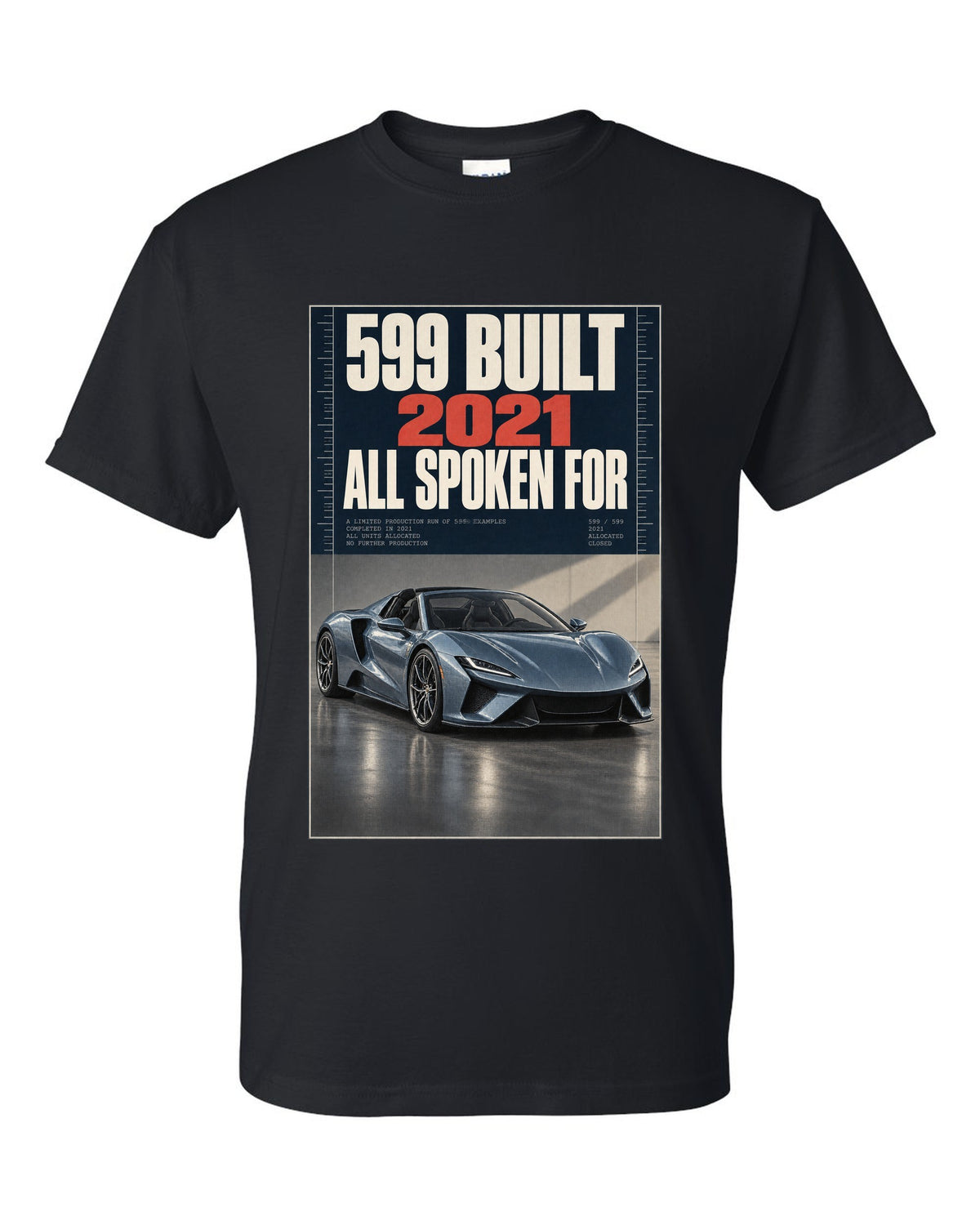Halftone print of the Ferrari Daytona SP3 on a tee black t-shirt front view with the design