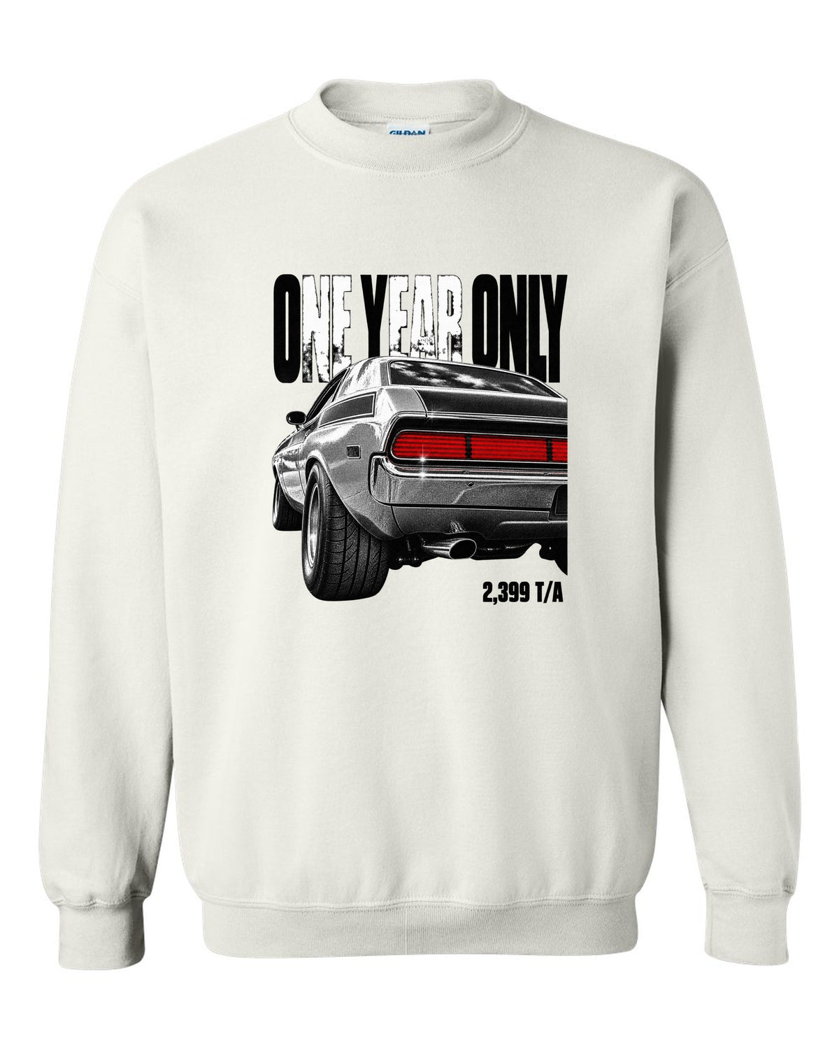 Taillight macro print of a 1970 Dodge Challenger T/A with one year only 2,399 T/A text white crewneck front view with the design