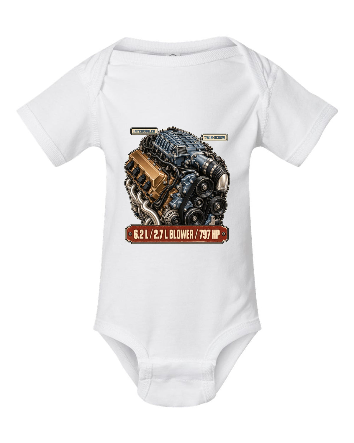 print of the supercharged 6.2L V8 from a Dodge Charger SRT Hellcat Redeye white baby onesie front view with the design