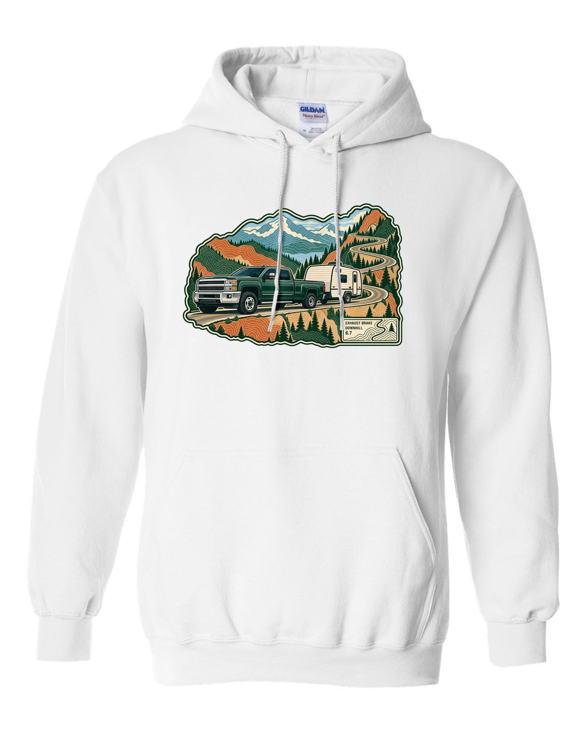 Topographic mountain pass print with a 2010-2018 Ram 2500 6.7 Cummins towing a camper white pull over hoodie front view with the design