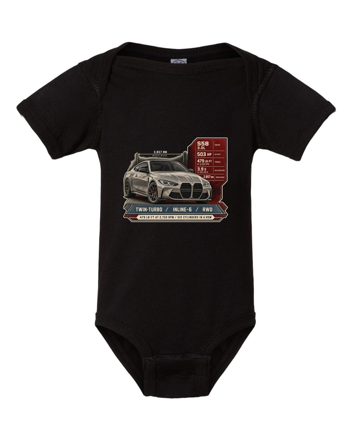 BMW M4 Competition G82 spec poster print with 479 lb-ft and six cylinders in a row black baby onesie front view with the design