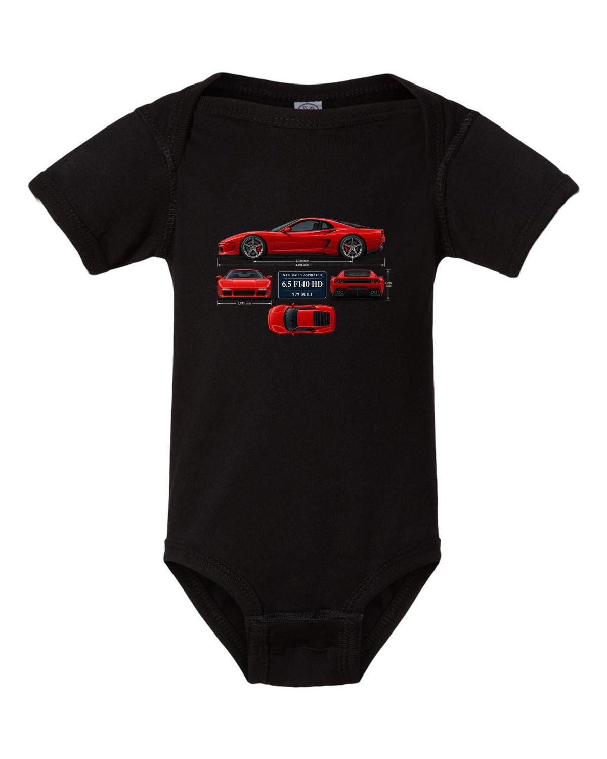 Ferrari 812 Competizione dimension blueprint print with 6.5 F140 HD, 999 built black baby onesie front view with the design