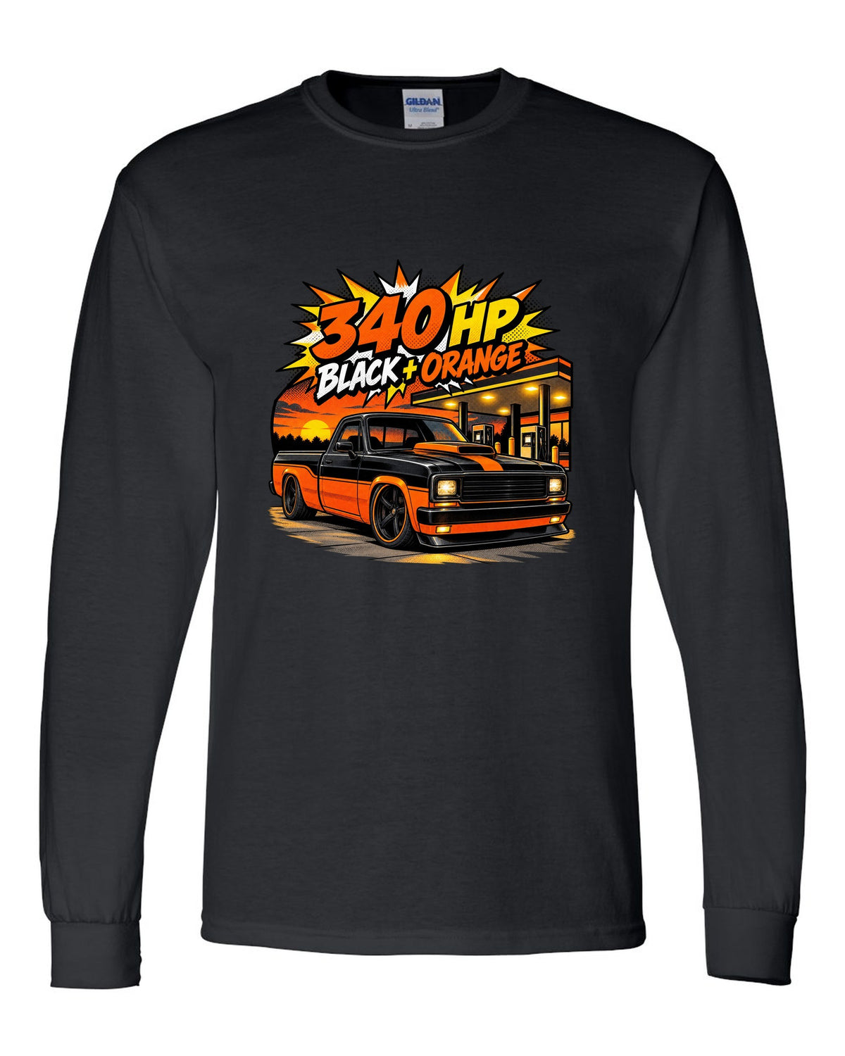 Ford F-150 SVT Lightning Harley edition in a comic halftone pop-art print black long sleeve front view with the design