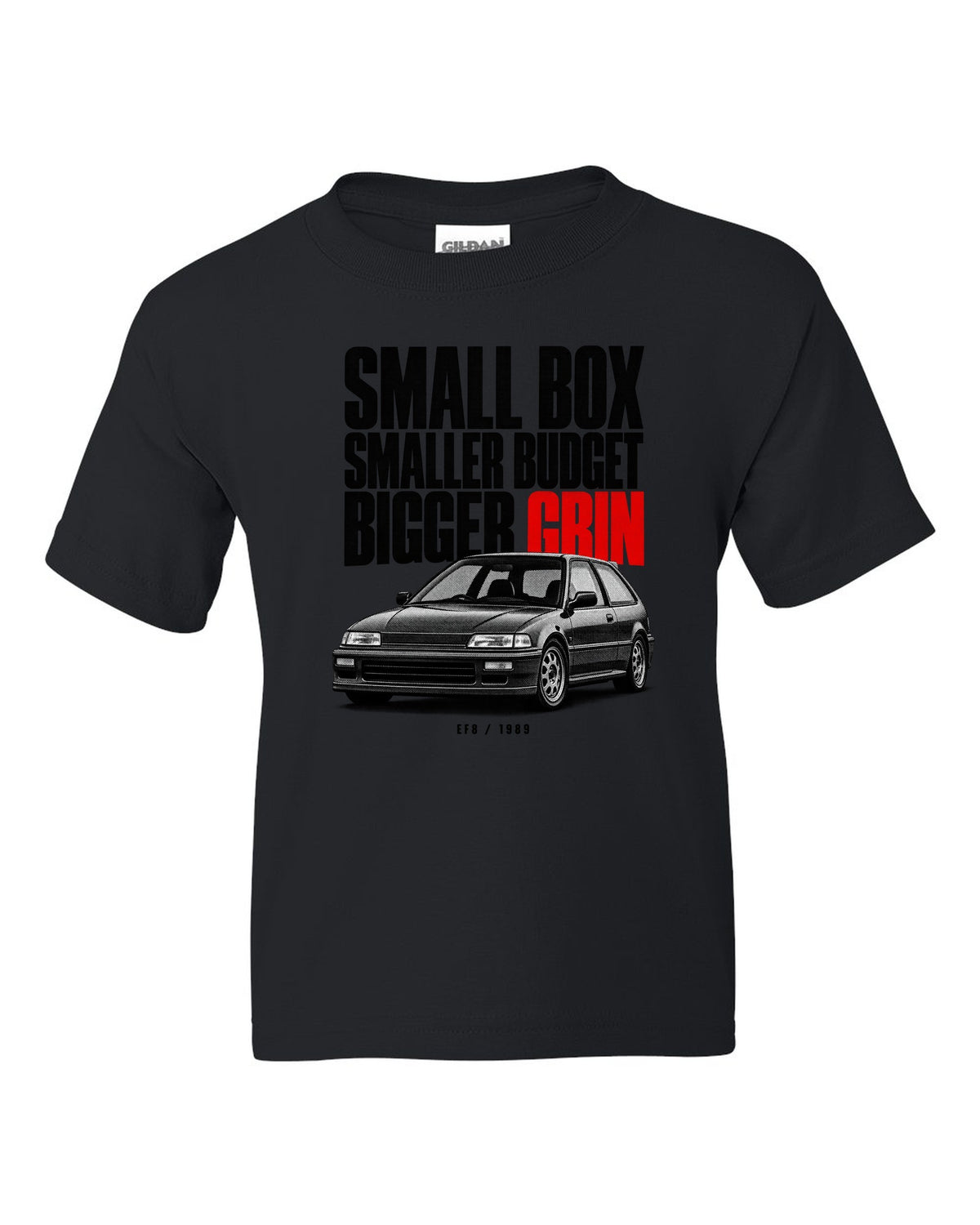 Halftone statement print for the 1990 Honda CRX EF8 Si reading small box, smaller budget, bigger grin black kids tee front view with the design