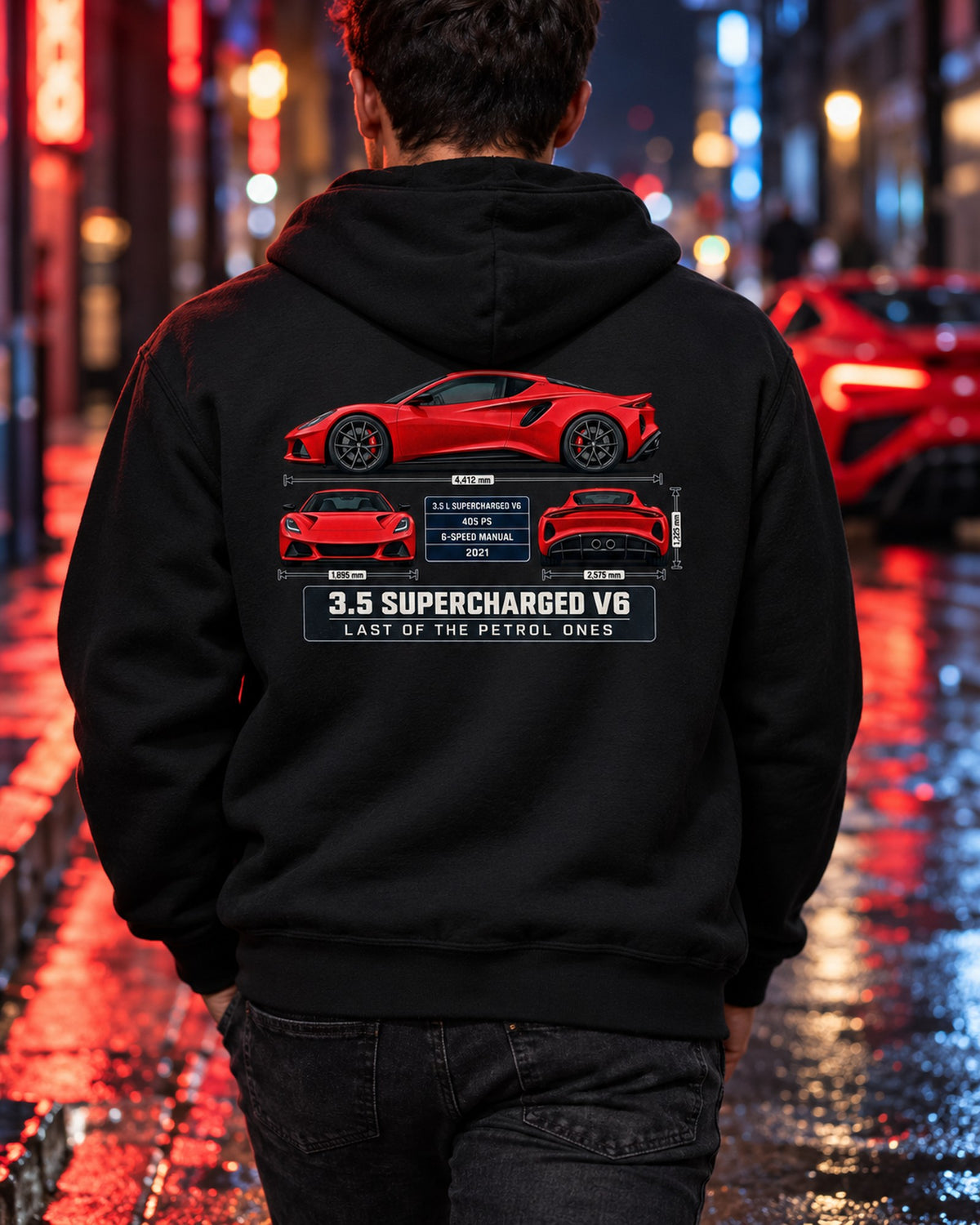 Lotus Emira V6 First Edition Spec Poster Tee, 3.5 Supercharged Zip Hoodie Black worn hero