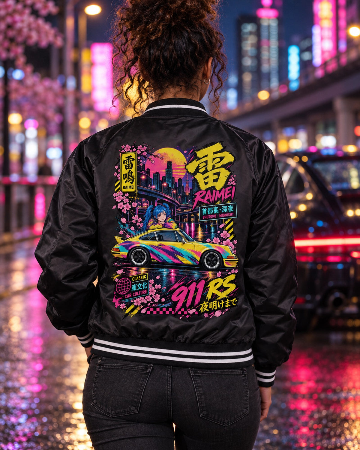 RAIMEI 911 RS Anime Girl Full-Back Graphic Tee Bomber Jacket Black worn hero