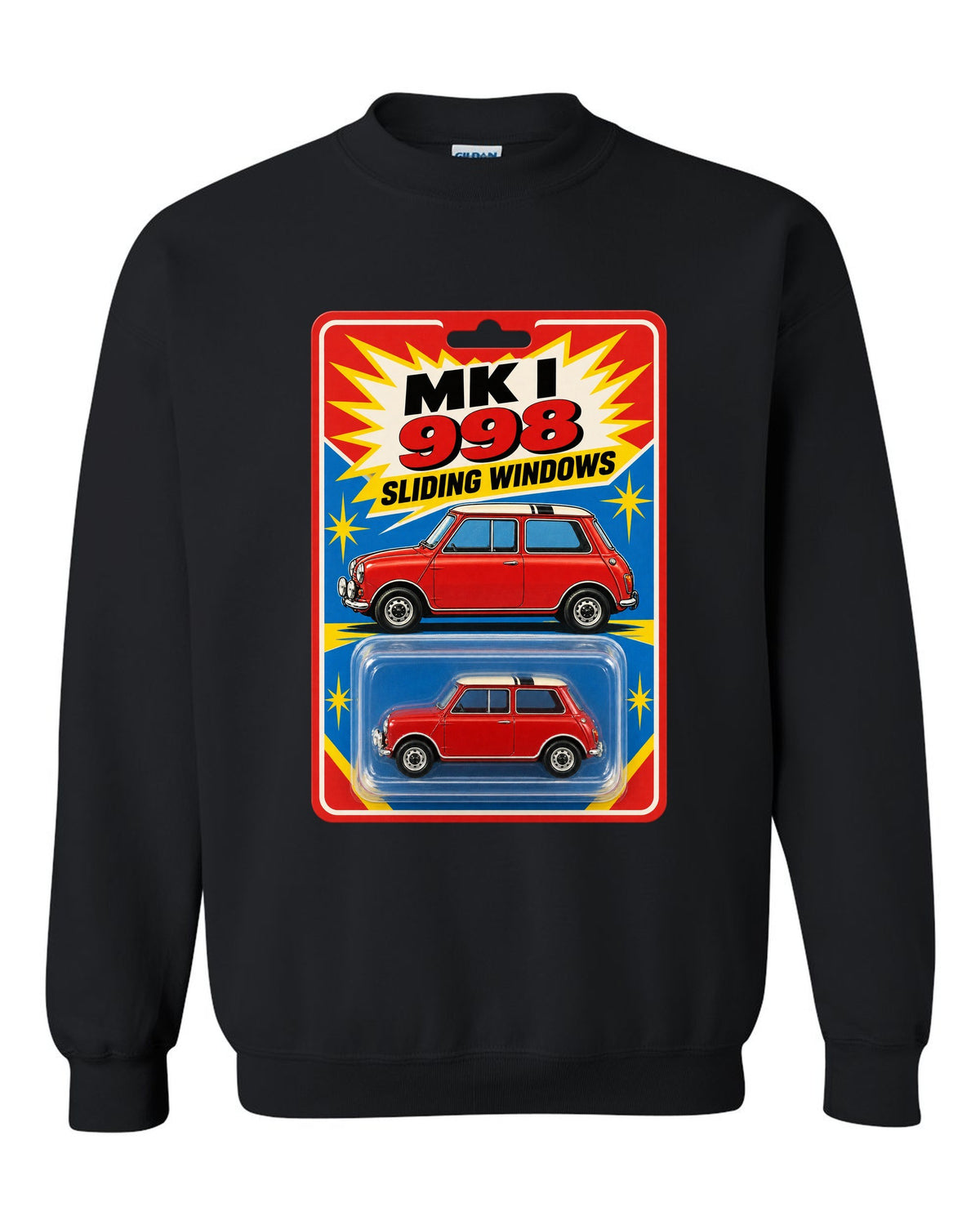 1967 Mini Cooper Mk I on a toy blister card with 998 and sliding windows text black crewneck front view with the design