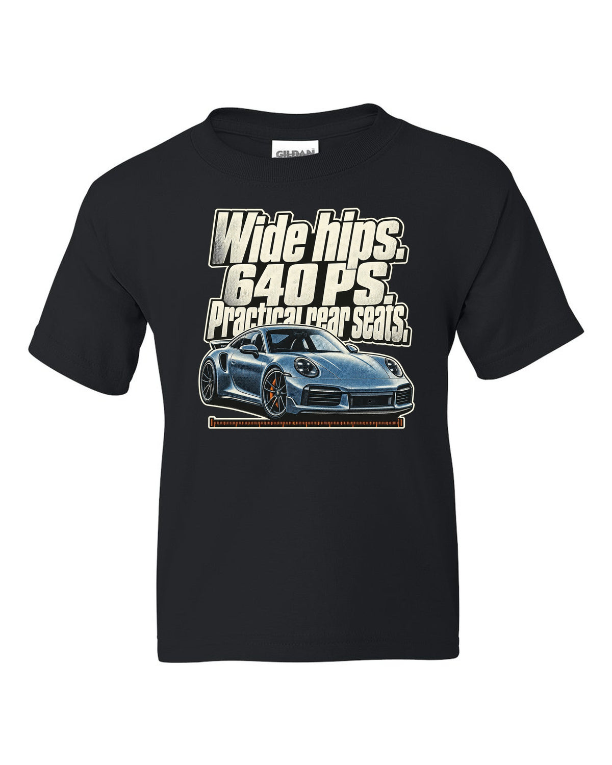 Halftone print of a Porsche 911 Turbo S 992 coupe with a three-line statement black kids tee front view with the design