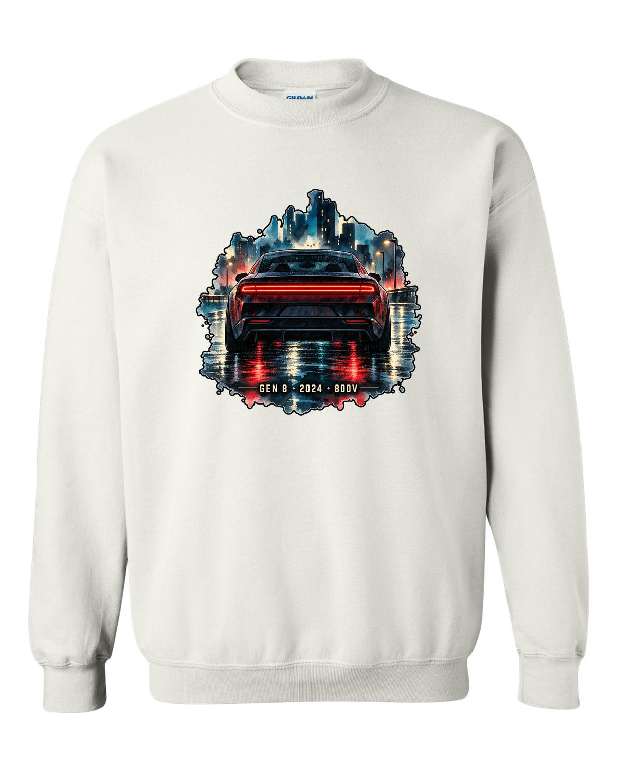 Watercolour night scene of a 2024 Dodge Charger Daytona EV on a wet road with Gen 8 lettering white crewneck front view with the design