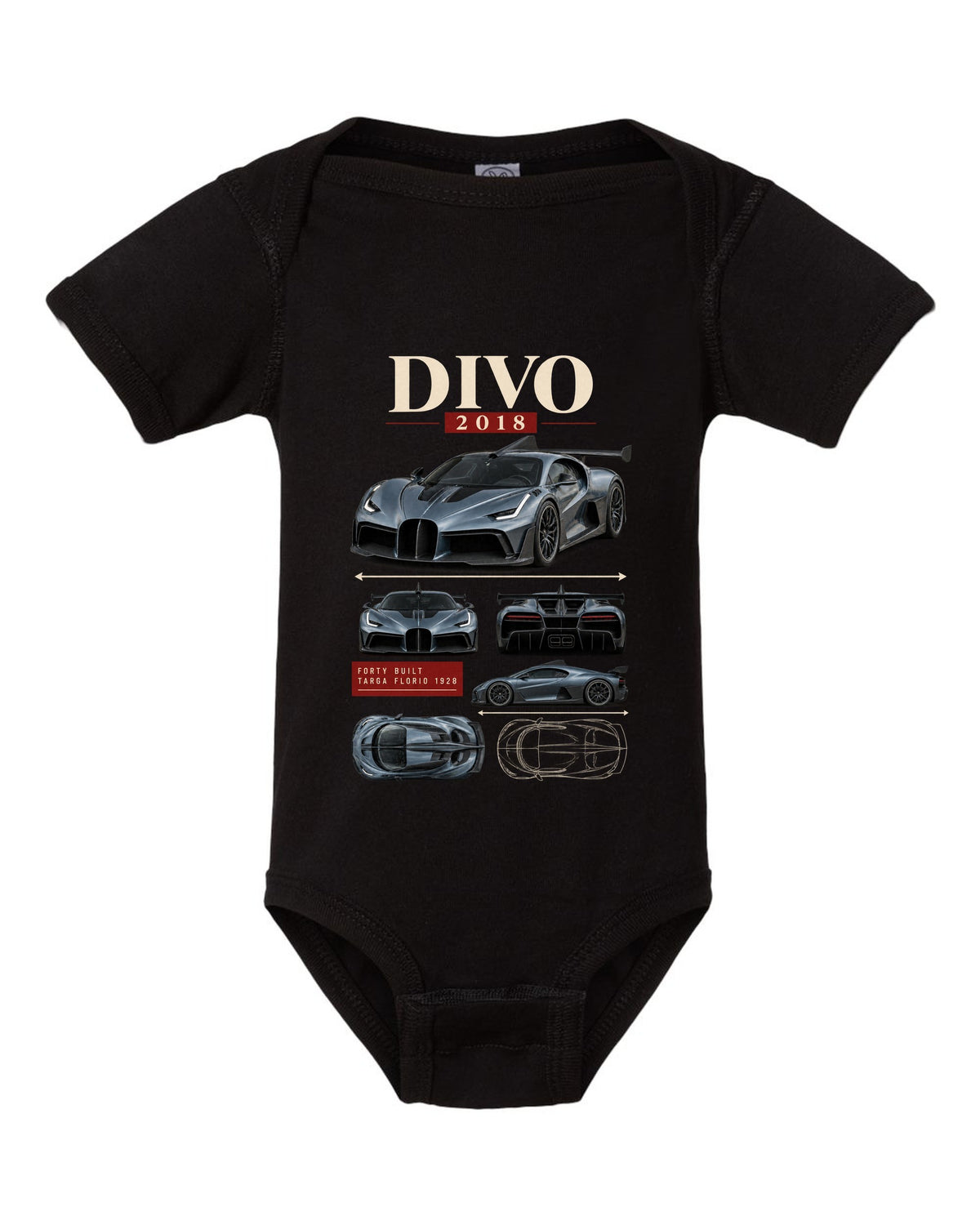 Archive panel design of the Bugatti Divo 2018 with Targa Florio 1928 text, print black baby onesie front view with the design