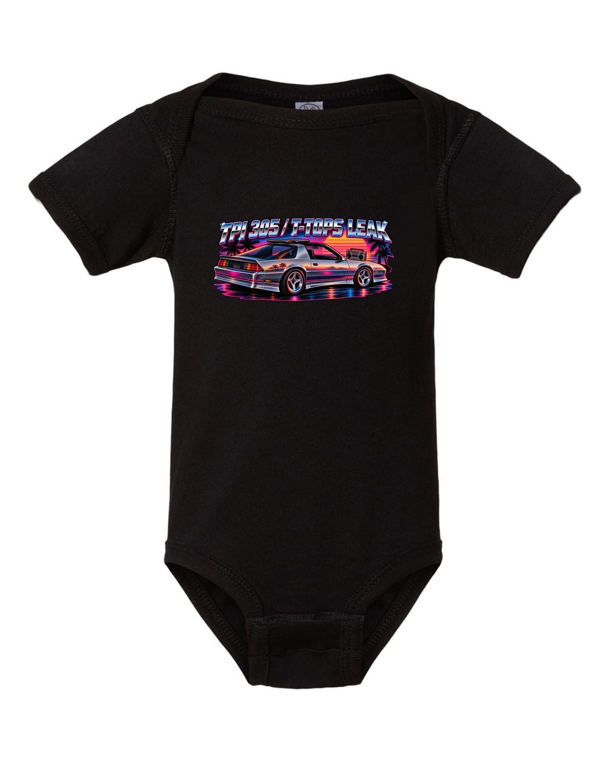 80s airbrush art with chrome type and lightning bolts of a 1985 Chevrolet Camaro IROC-Z black baby onesie front view with the design