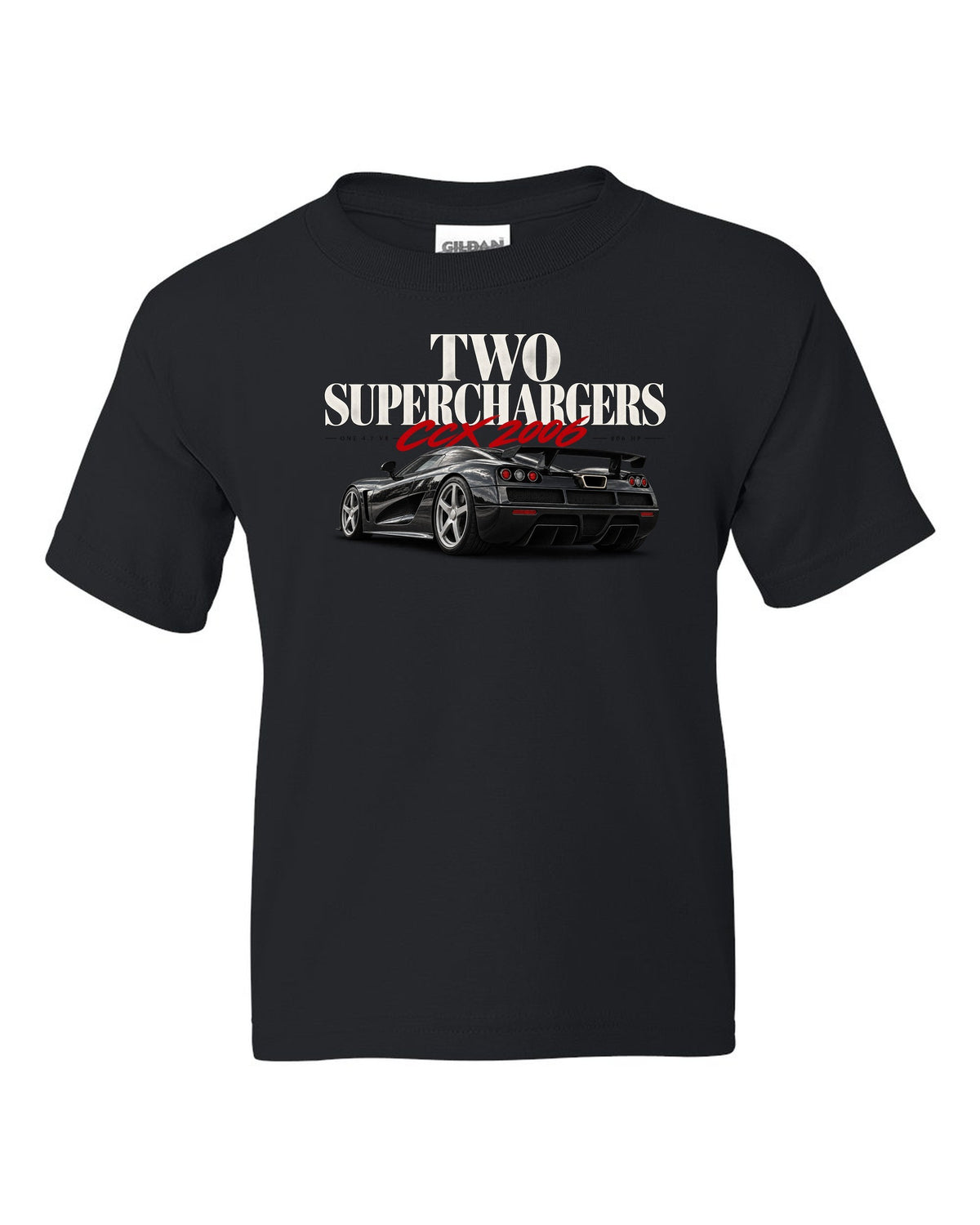 Koenigsegg CCX 2006 editorial headline with two superchargers black kids tee front view with the design