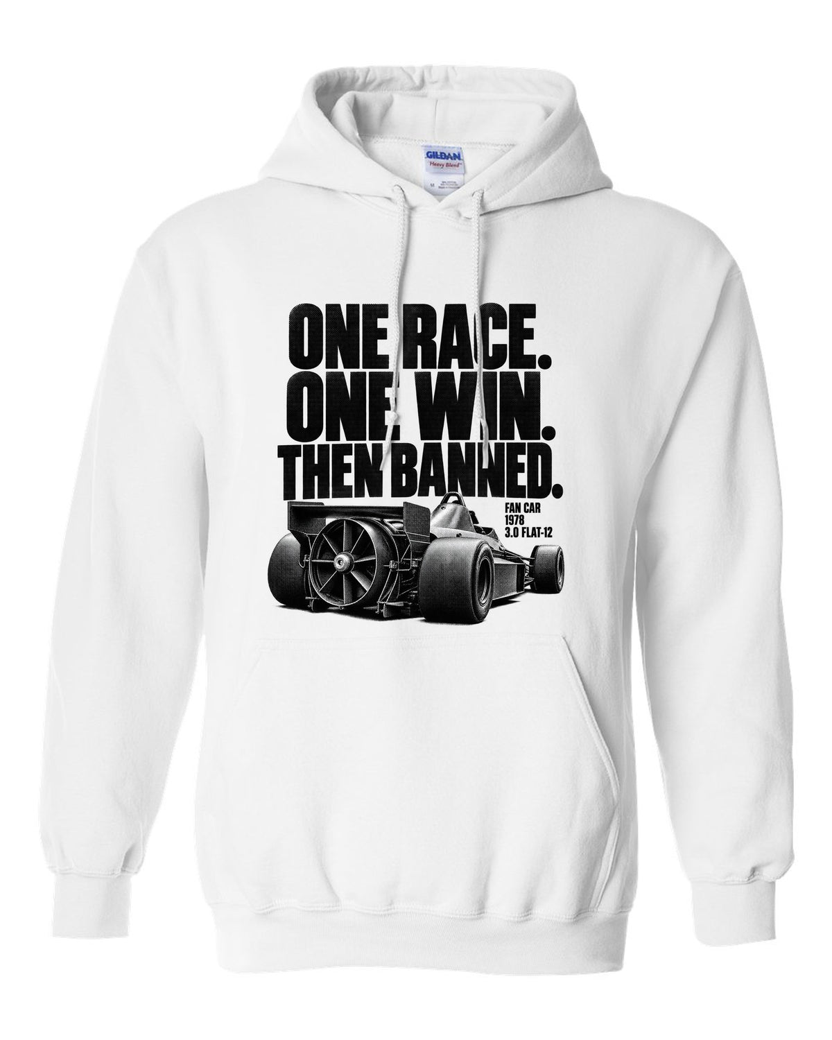 Brabham BT46B fan car halftone print with one race one win text white pull over hoodie front view with the design