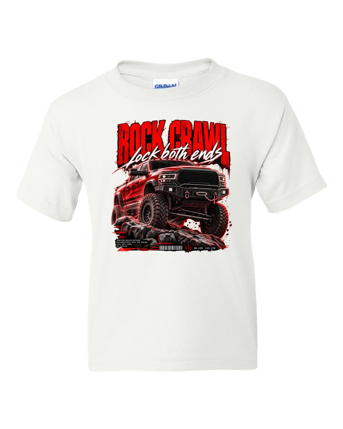 Street poster print of a 2019-2024 Ram 2500 Power Wagon with winch bumper white kids tee front view with the design