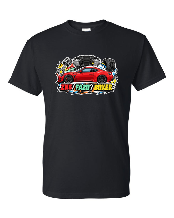 Sticker-bomb collage of a Toyota 86 ZN6 with ZN6 FA20 Boxer lettering black t-shirt front view with the design