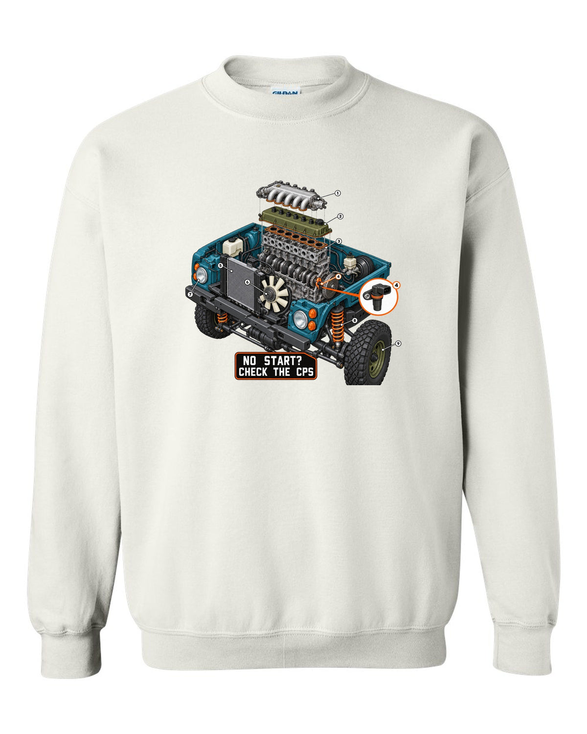 Exploded cutaway engine print of a Jeep Wrangler TJ with check the CPS text white crewneck front view with the design