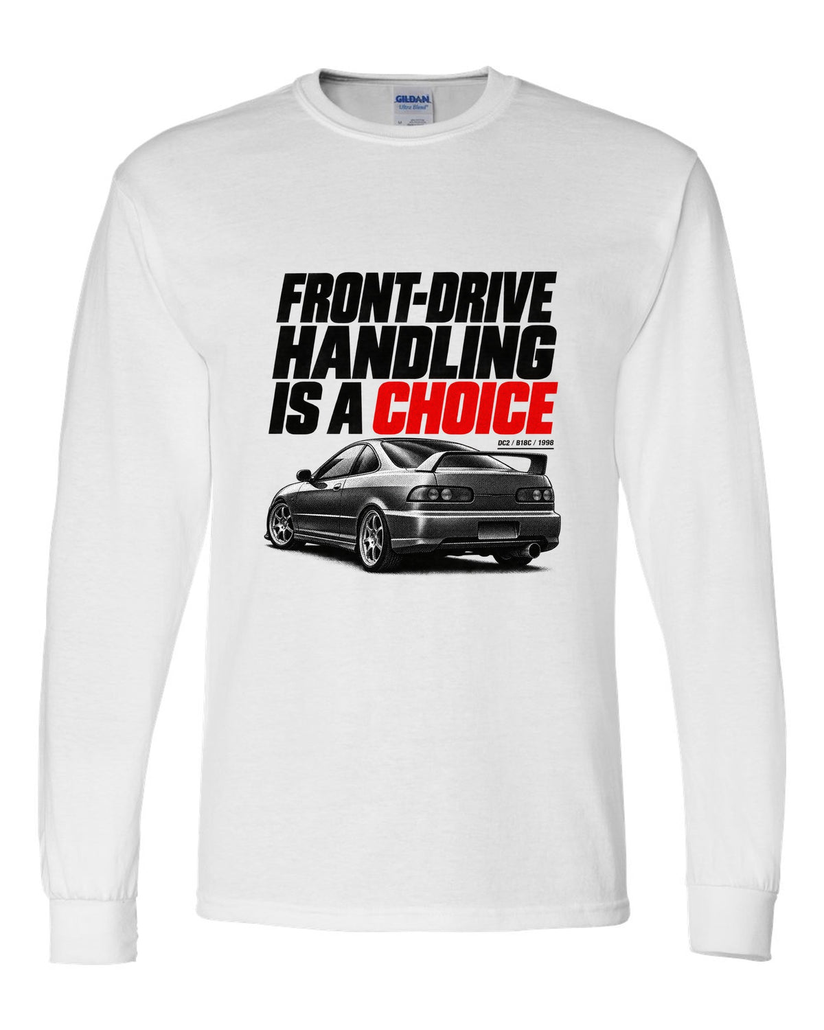 Honda Integra DC2 coupe halftone design with front-drive handling is a choice text white long sleeve front view with the design