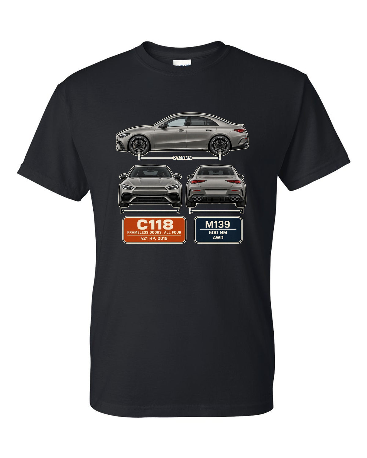 Mercedes-AMG CLA 45 S C118 four-door coupe three-view spec print black t-shirt front view with the design