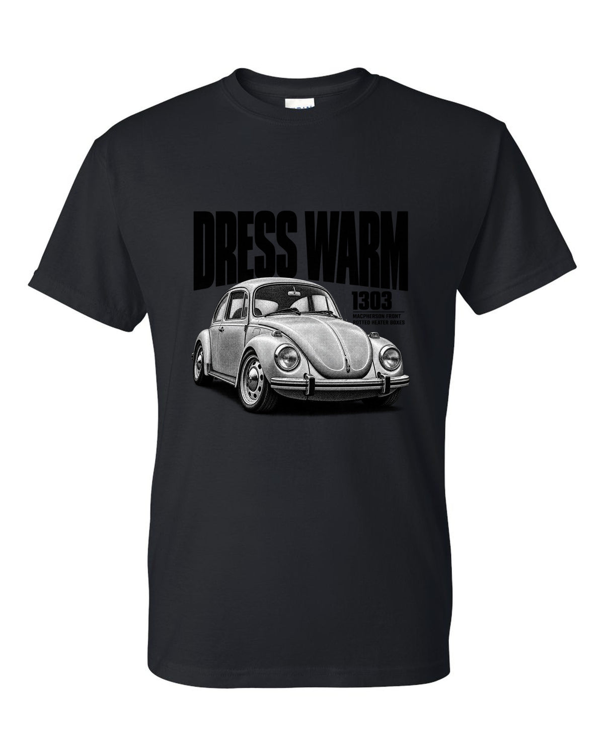Halftone print of a VW Beetle Type 1 1303 front three-quarter with dress warm text black t-shirt front view with the design