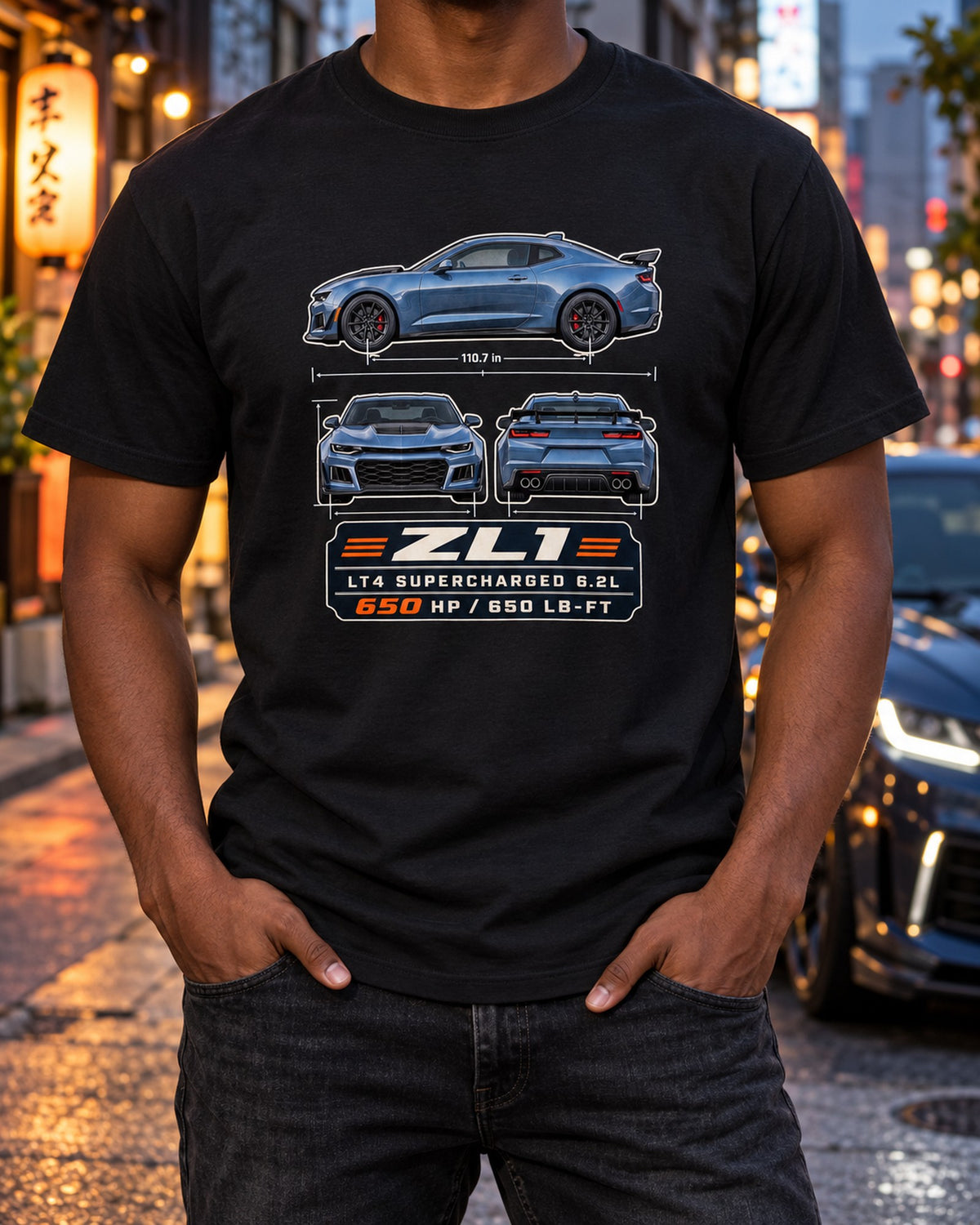 Camaro ZL1 6th Gen LT4 Three-View Plate Shirt, 2017-23 T-Shirt Black worn hero