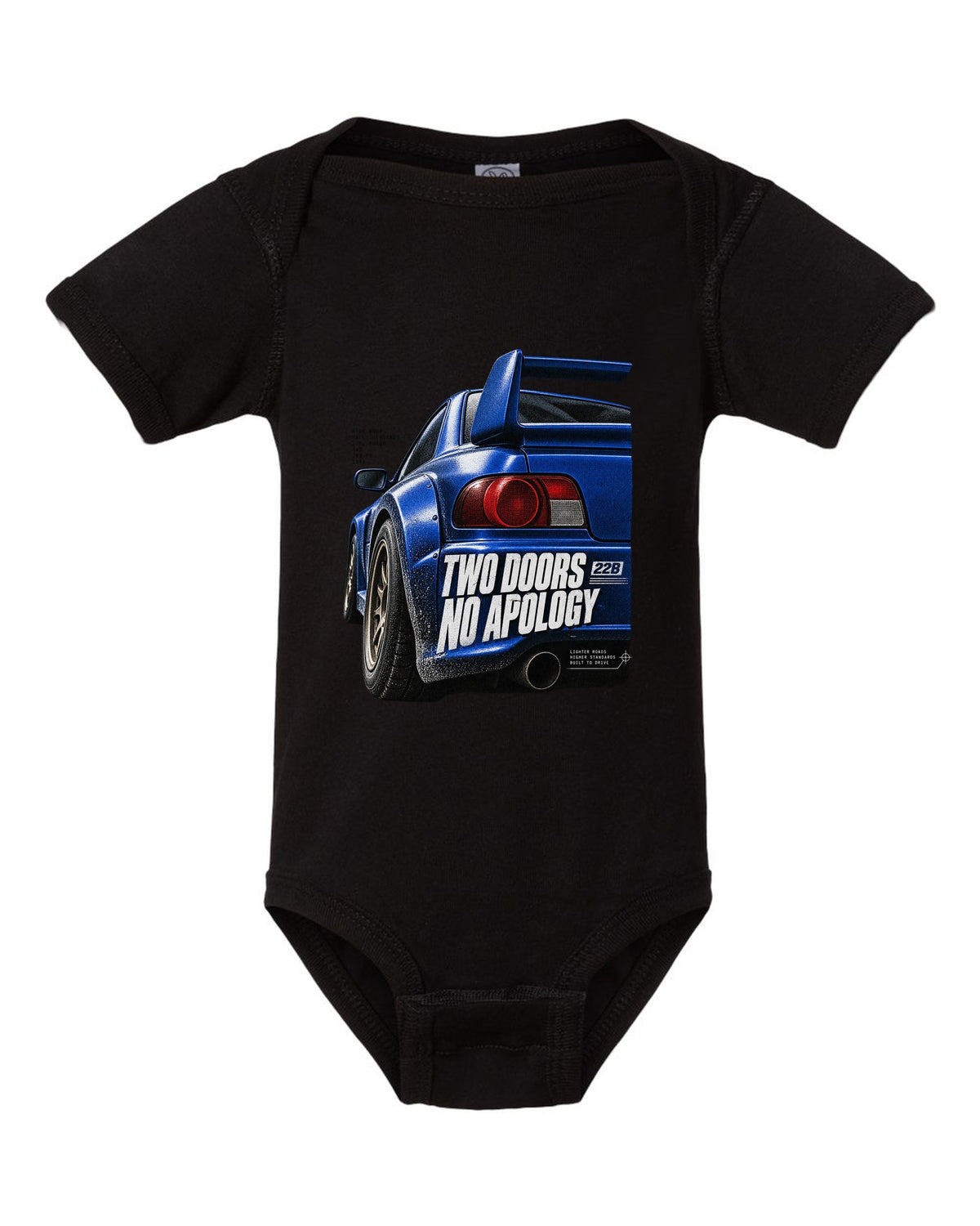 Macro detail of the Subaru Impreza 22B STI rear wing with two doors no apology text black baby onesie front view with the design