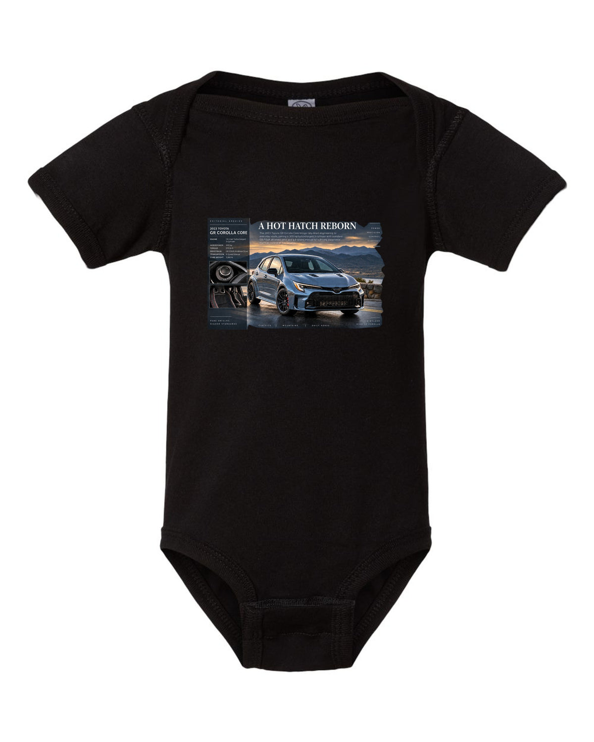 Toyota GR Corolla Core 2023 front three-quarter archive panel black baby onesie front view with the design