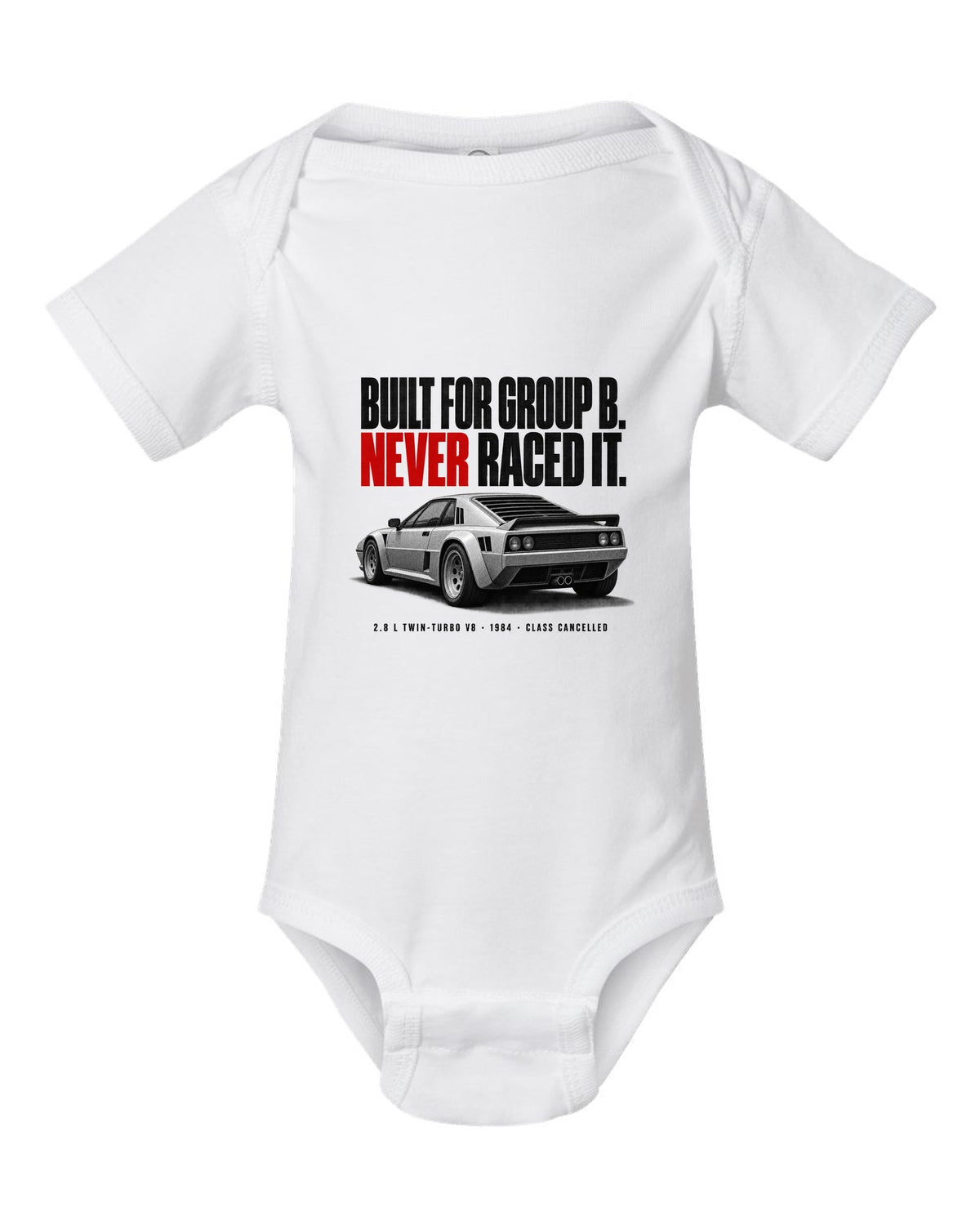 Ferrari 288 GTO 1984 rear three-quarter halftone print, built for Group B, never raced it white baby onesie front view with the design