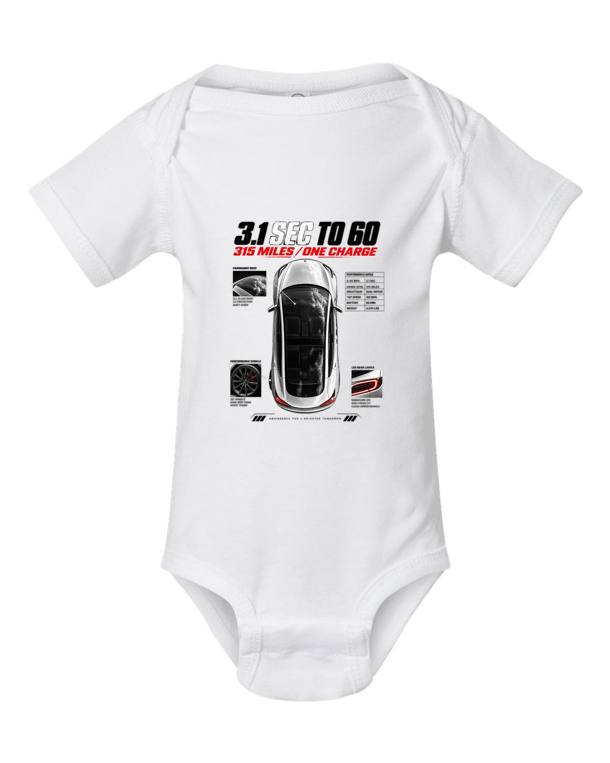 Top-down spec poster print of a Tesla Model 3 Performance with 0-60 and range figures white baby onesie front view with the design