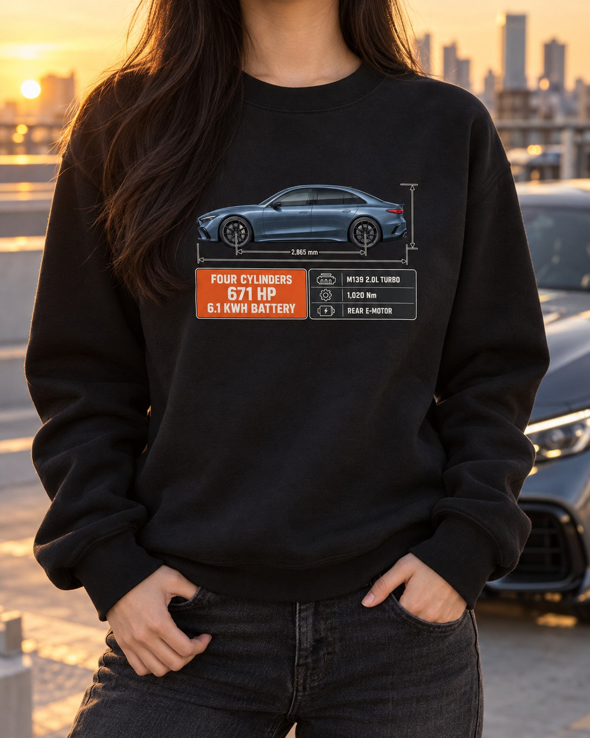 Mercedes-AMG C63 S E Performance W206 Dimension Blueprint Shirt Crewneck Black worn hero