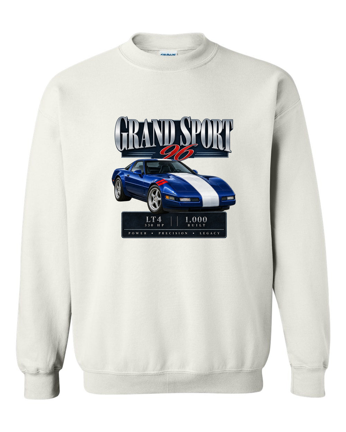 Chevrolet Corvette C4 Grand Sport 1996 archive panel print white crewneck front view with the design