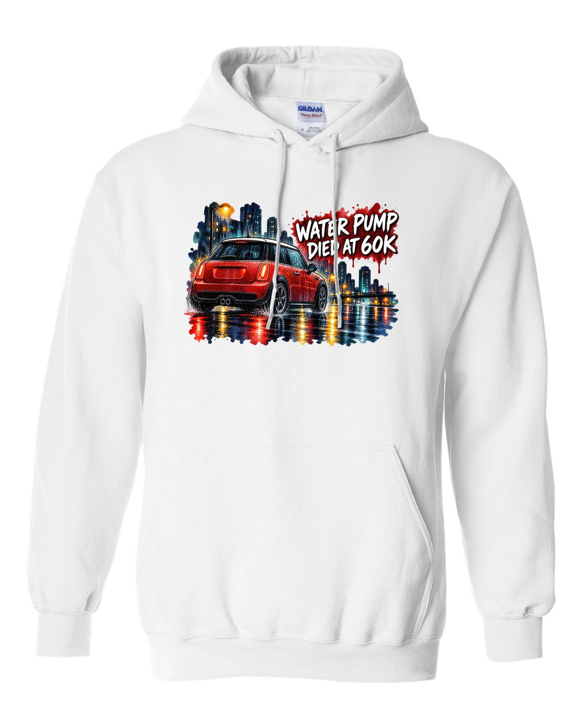 Watercolour night scene of a Mini Cooper S R56 on a wet road white pull over hoodie front view with the design