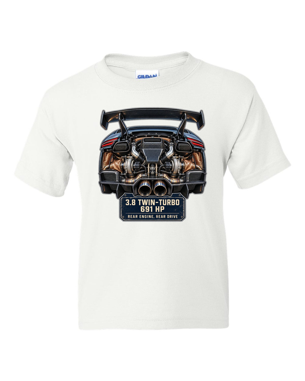 Engine hero print of a Porsche 911 GT2 RS 991.2 twin-turbo flat-six white kids tee front view with the design