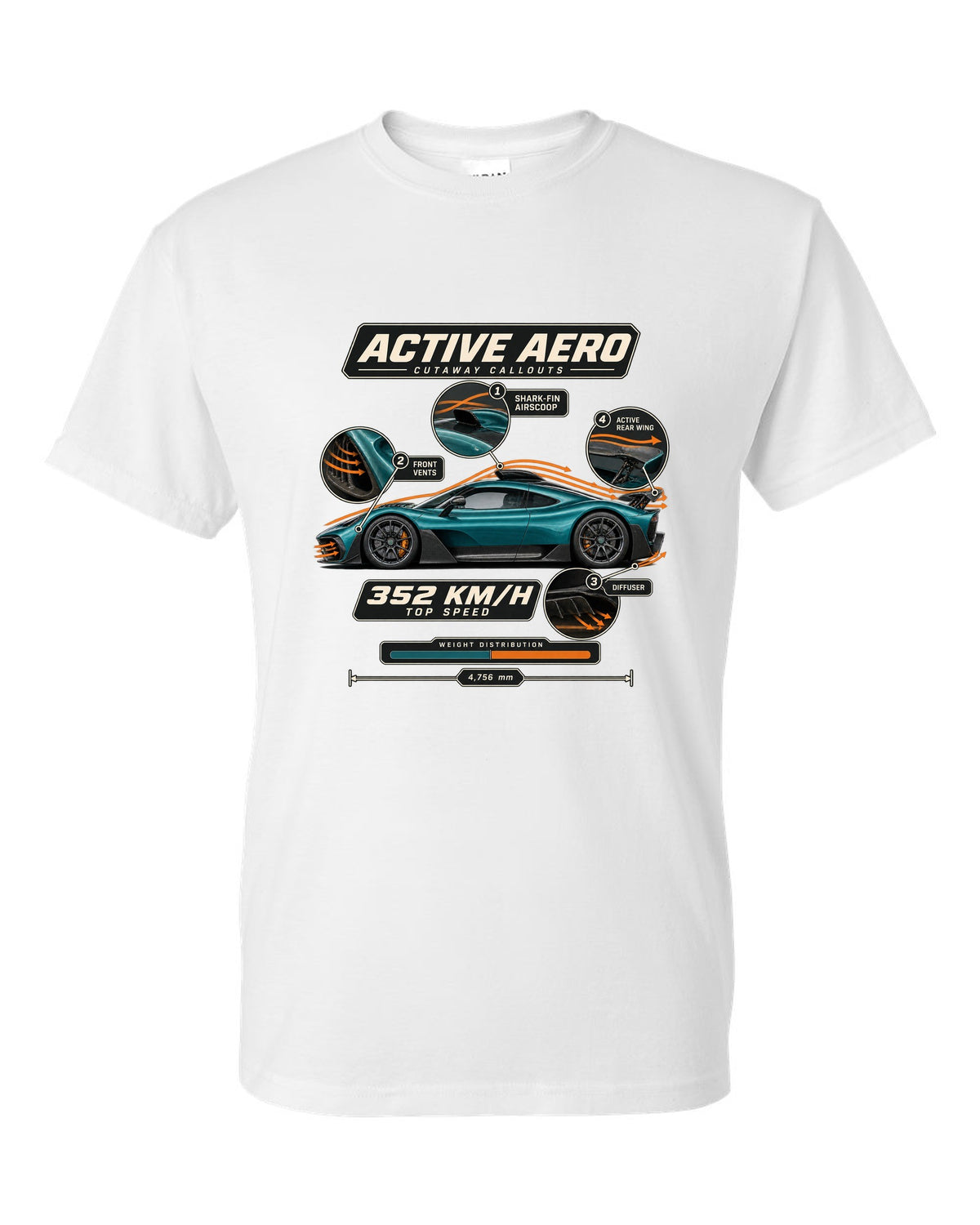Mercedes-AMG One aero callout cutaway diagram with active aero labels white t-shirt front view with the design