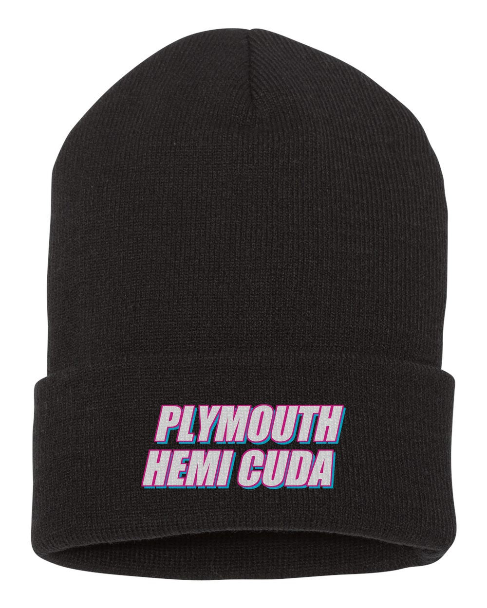 Plymouth Hemi Cuda black beanie front view with car name