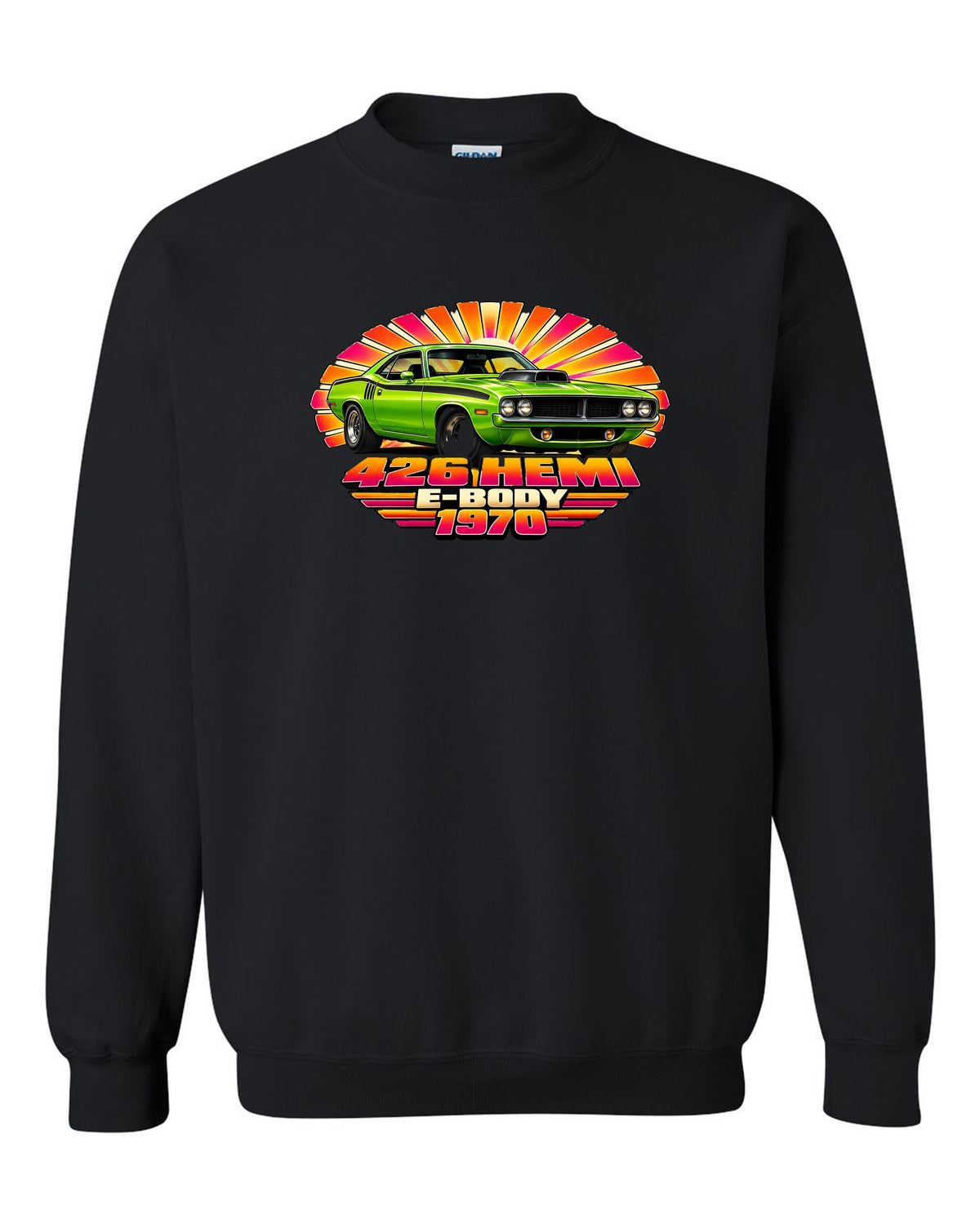 1970 Plymouth Hemi Cuda E-body 70s airbrush sunburst print with 426 Hemi text black crewneck front view with the design