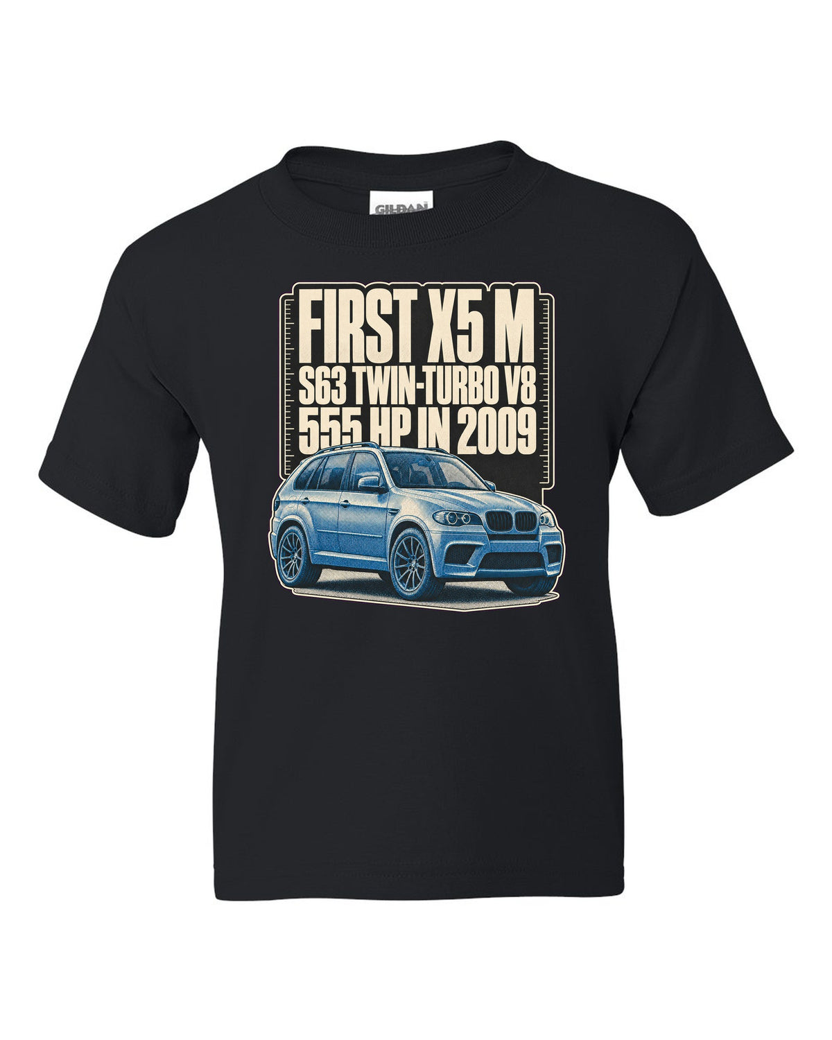 BMW X5 M E70 halftone print on a tee black kids tee front view with the design