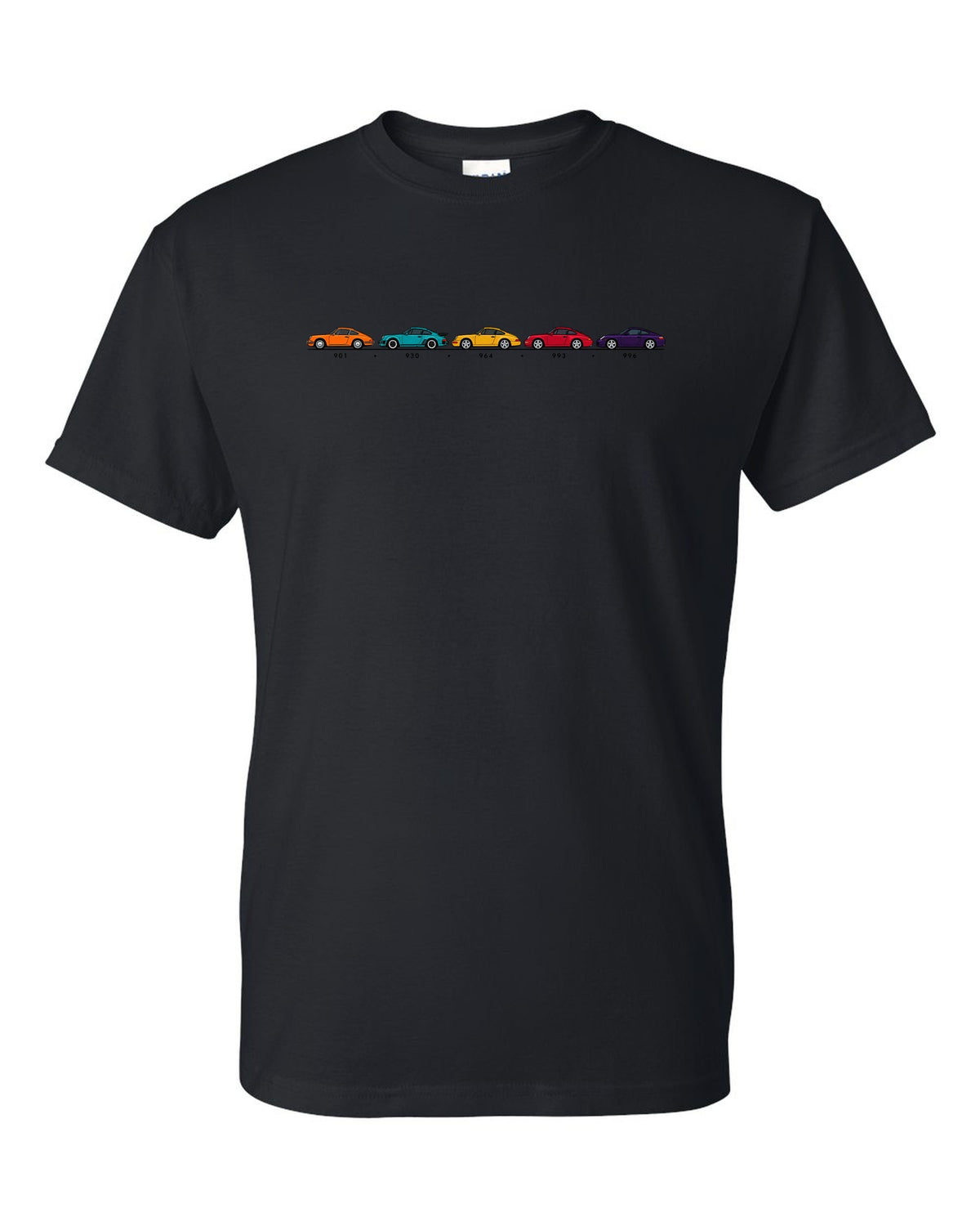 Retro Japanese showa advert style illustration of a 1955 Porsche 356 A Speedster black t-shirt front view with the design