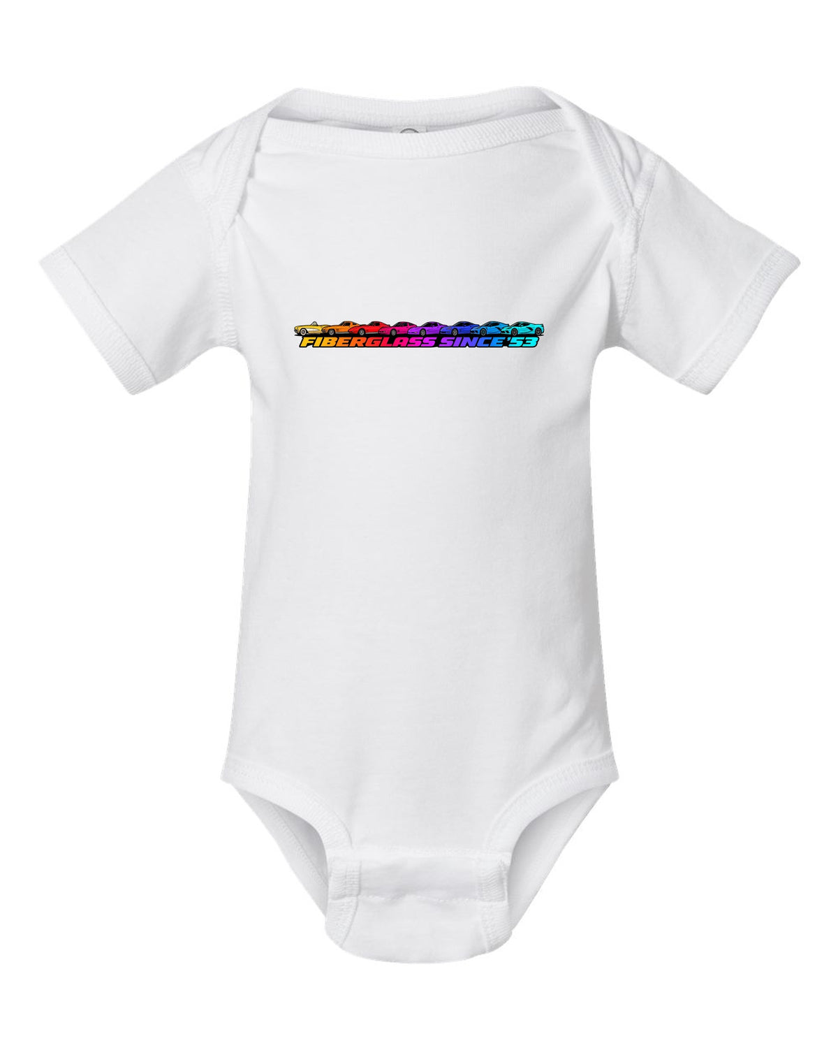 Flat gradient silhouette lineup of eight Chevrolet Corvette generations C1 to C8 with Fiberglass Since '53 text white baby onesie front view with the design