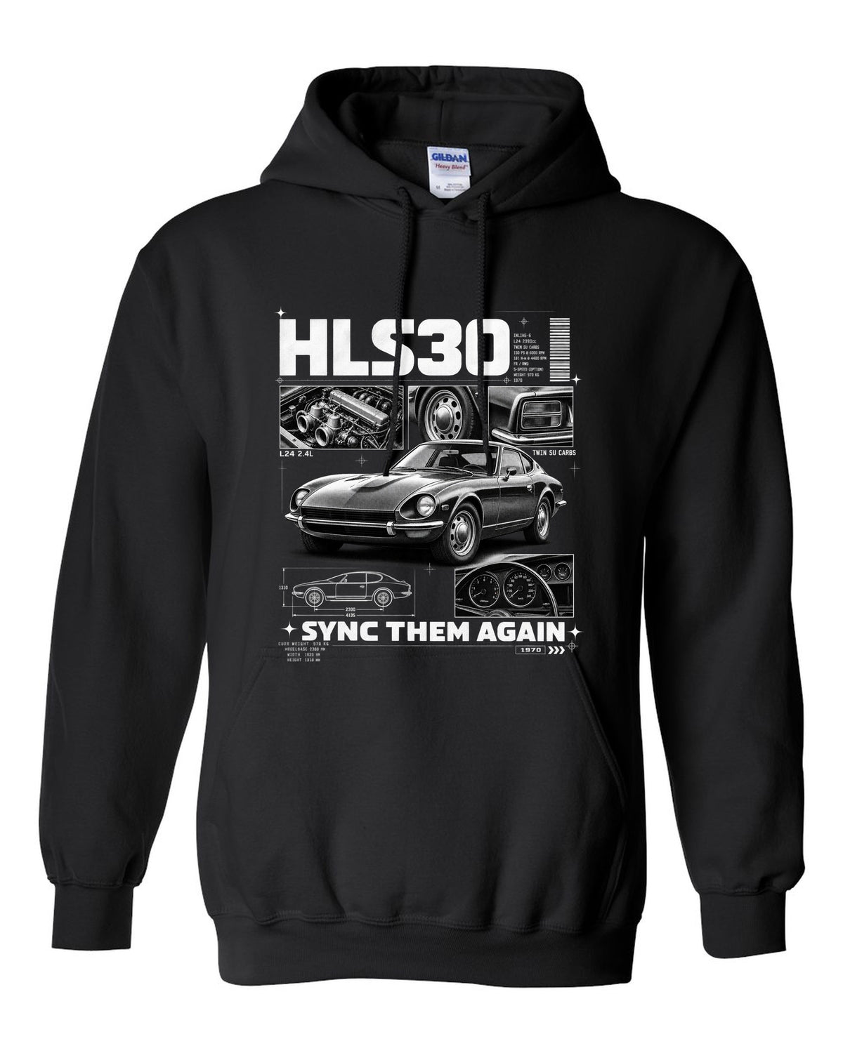 Dossier panel print of a 1970 Datsun 240Z HLS30 with L24 and twin SU carbs text black pull over hoodie front view with the design