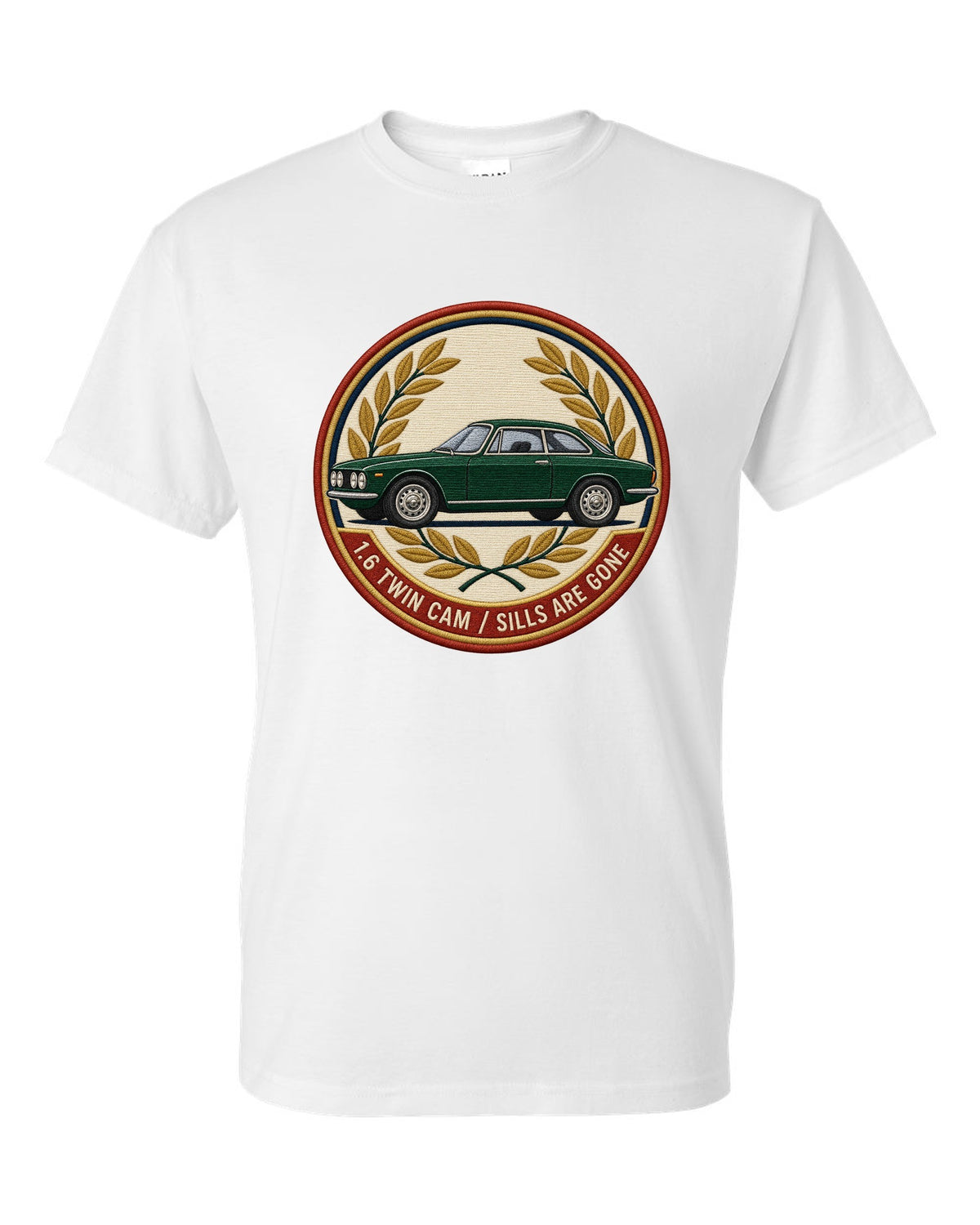 Embroidery style varsity crest for an Alfa Romeo Giulia Sprint GT 105 with 1.6 twin cam white t-shirt front view with the design