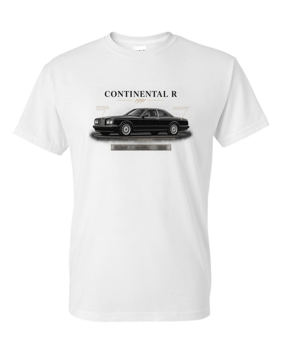 Bentley Continental R 1991 spec poster with 6.75 turbo V8 white t-shirt front view with the design