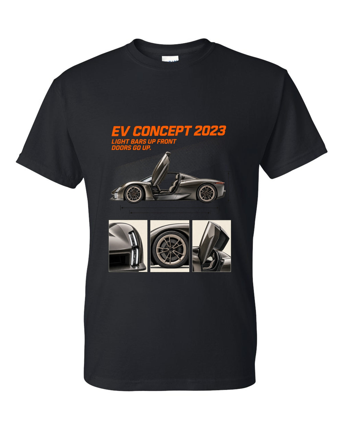 Porsche Mission X electric concept dossier panels print design black t-shirt front view with the design