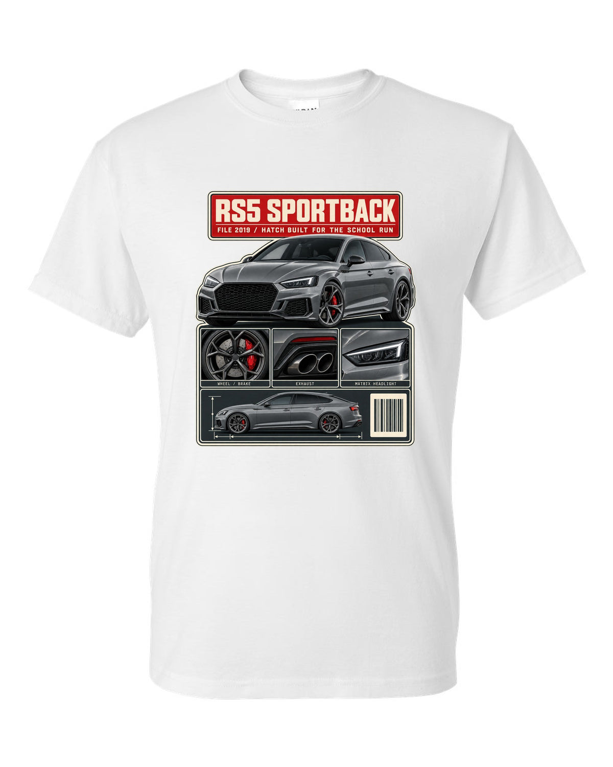 Audi RS5 Sportback B9 dossier panel print design white t-shirt front view with the design