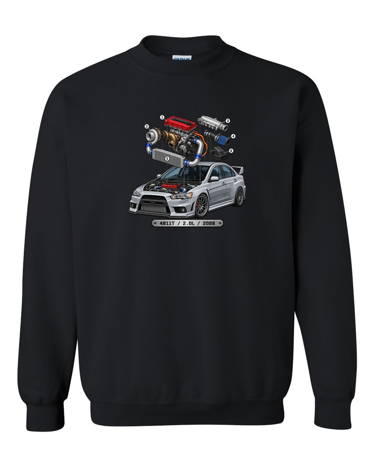Exploded engine cutaway print for the Mitsubishi Evo X CZ4A with 4B11T 2.0L 2008 text black crewneck front view with the design
