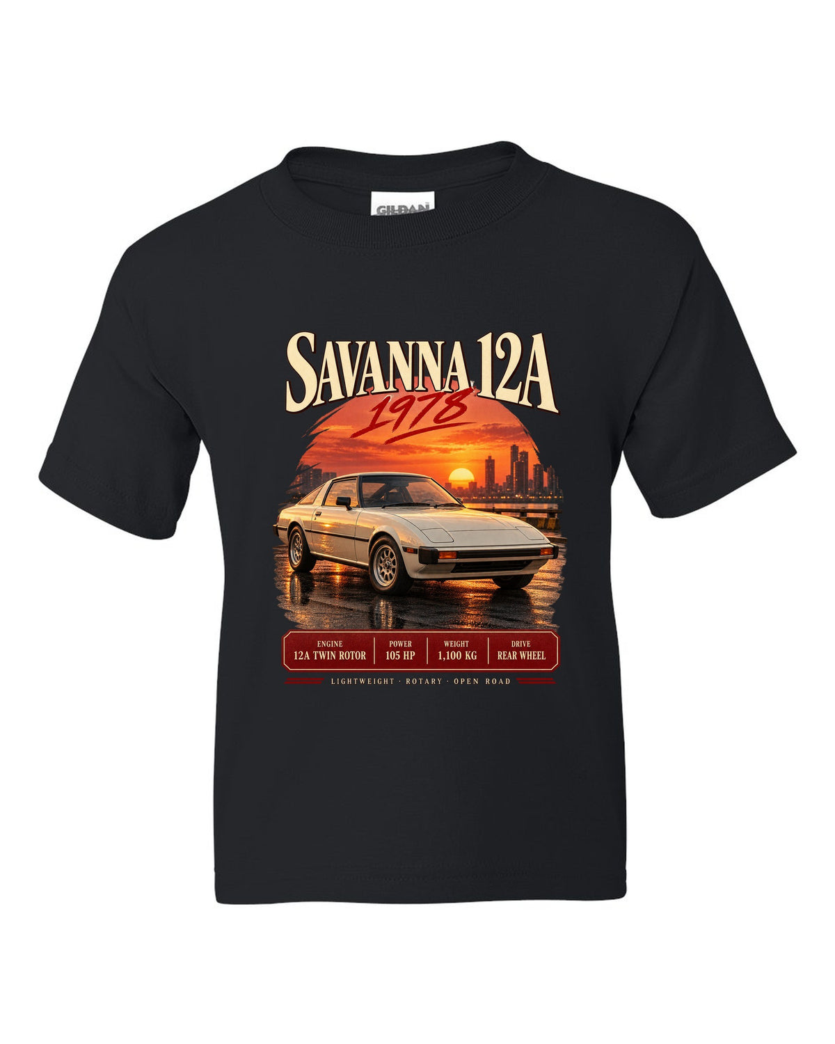 Archive panel print for the Mazda RX-7 SA22C 1978-85 with Savanna 12A and 1,100 kg details black kids tee front view with the design