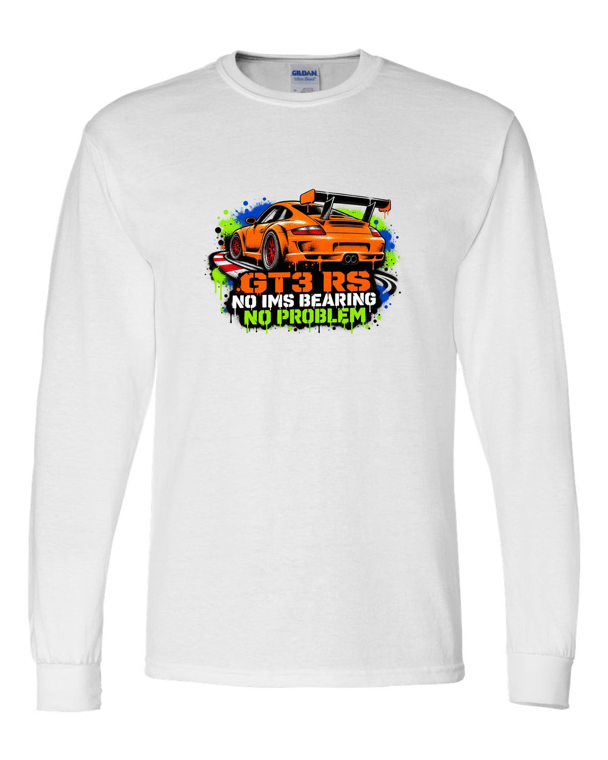 Porsche 996 GT3 RS graffiti stencil spray paint design with IMS joke white long sleeve front view with the design