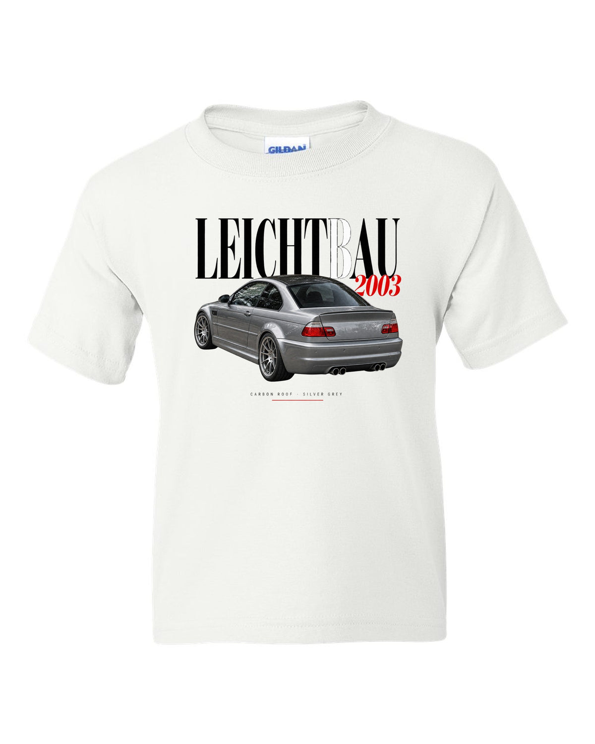 BMW E46 M3 CSL 2003 editorial headline print with Leichtbau carbon roof Silver Grey text white kids tee front view with the design