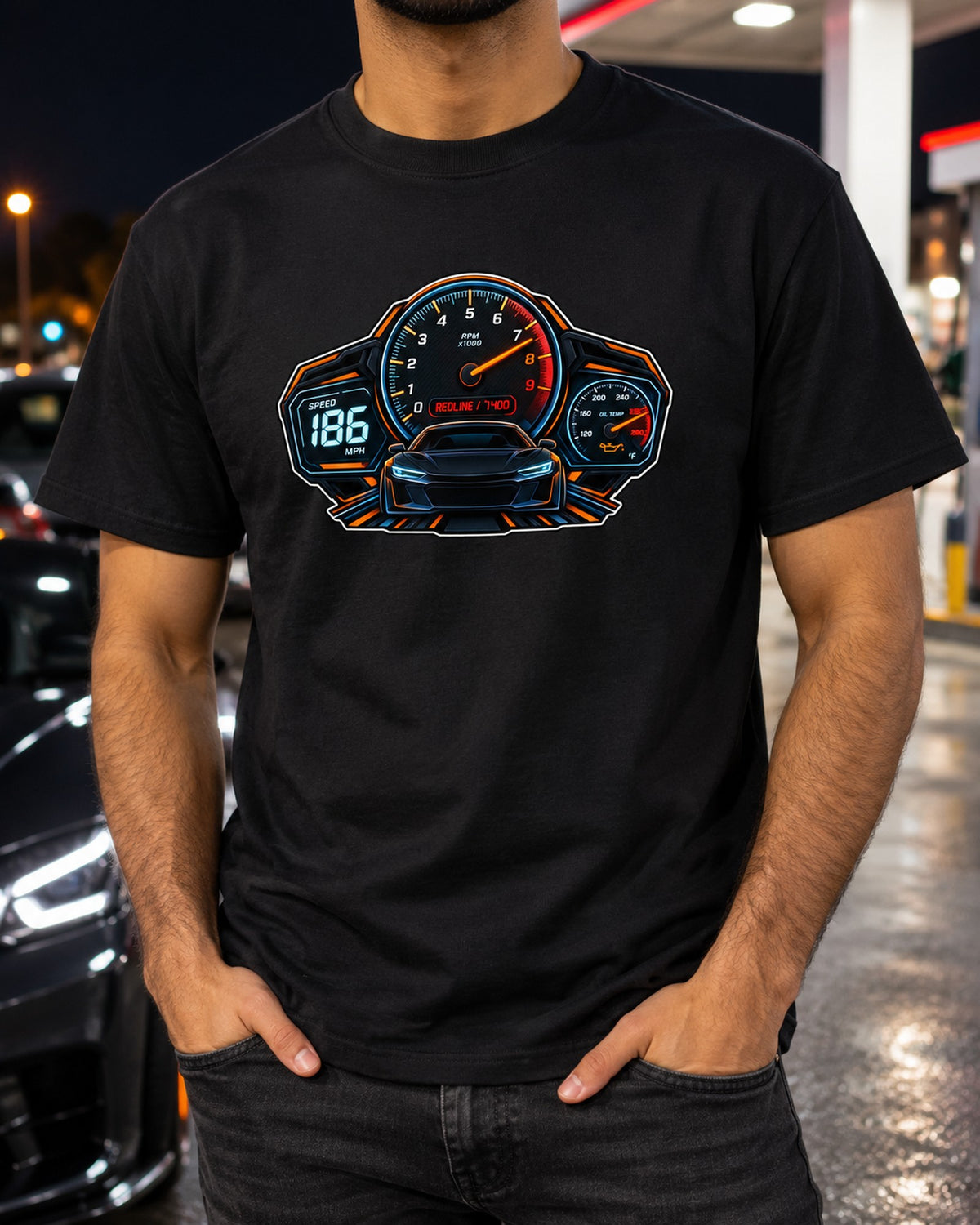 GR86 ZN8 Gauge Cluster HUD Tee: Redline 7,400, Car Guy Gift T-Shirt Black worn hero